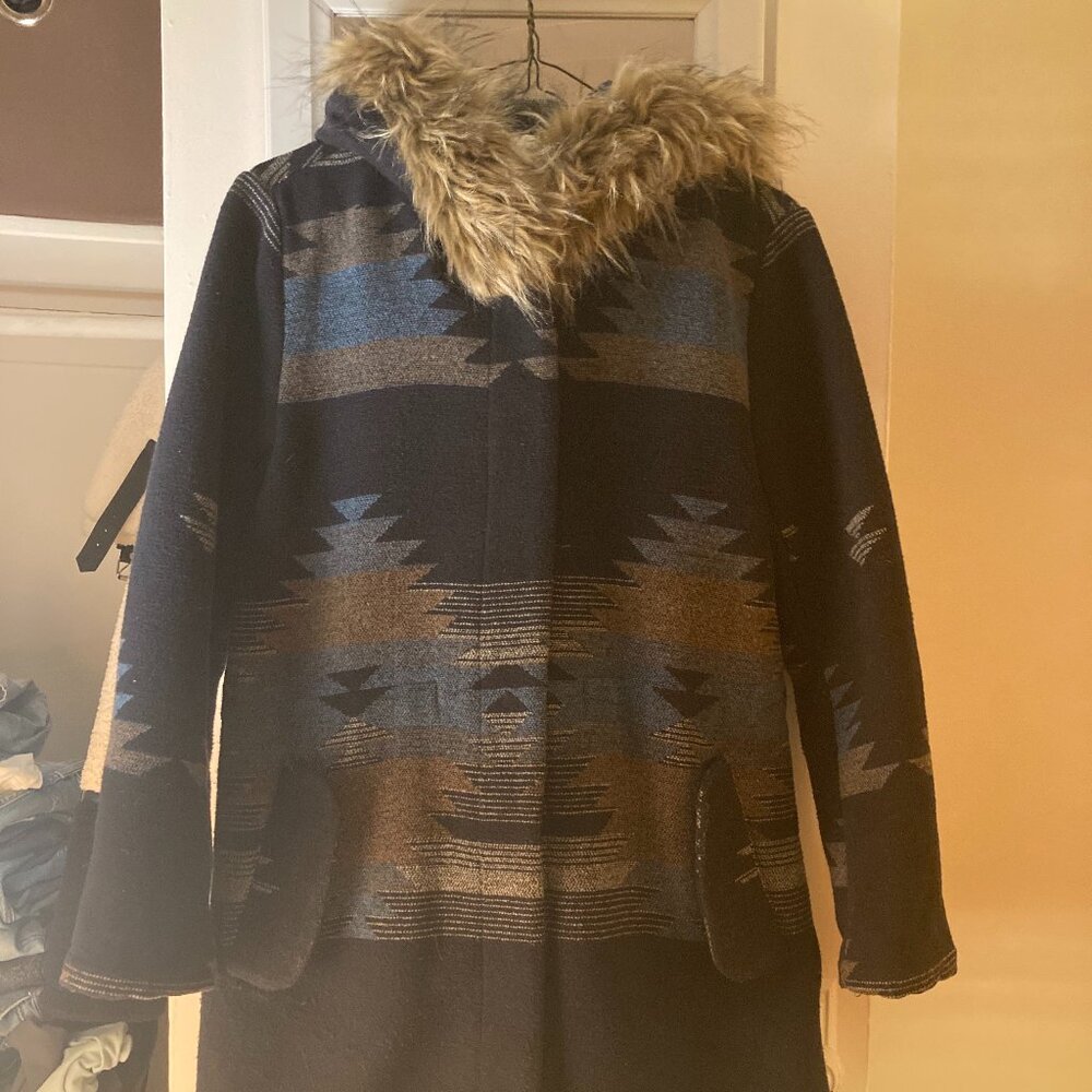 BB Dakota SouthWestern Tribal Printed Coat Faux Fur Hood XS